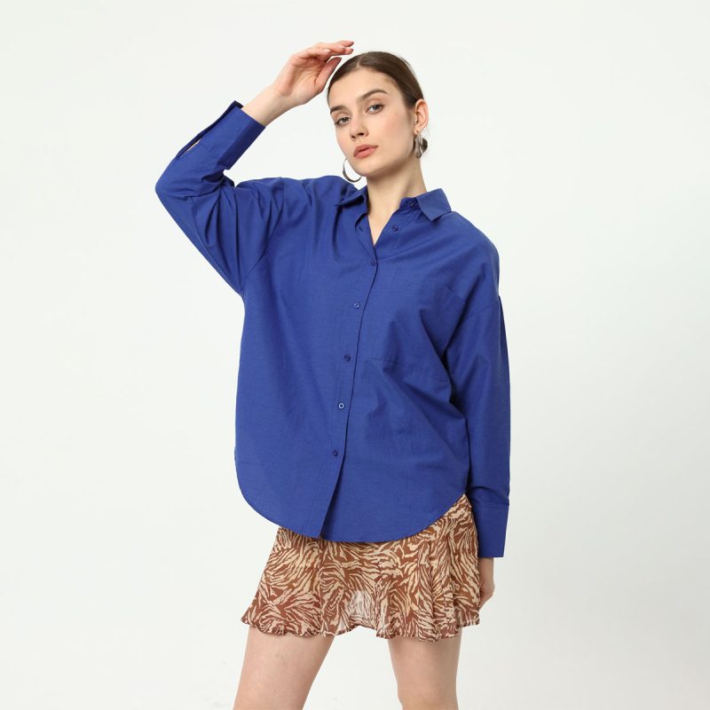 1002-Button Back Detail Long Sleeve Poplin Shirt - Görsel 12