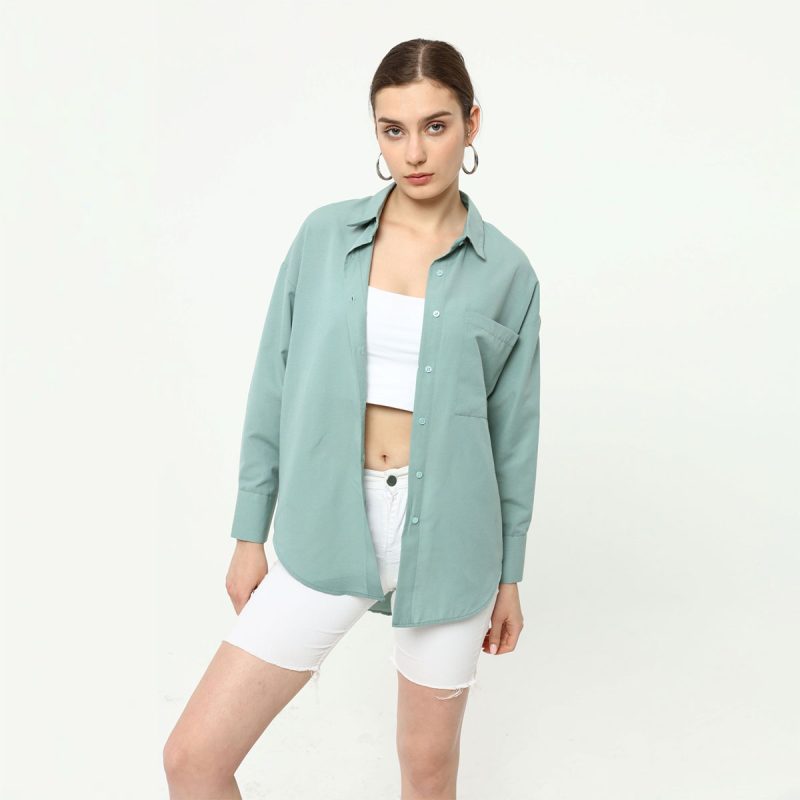 1002-Button Back Detail Long Sleeve Poplin Shirt - Görsel 8