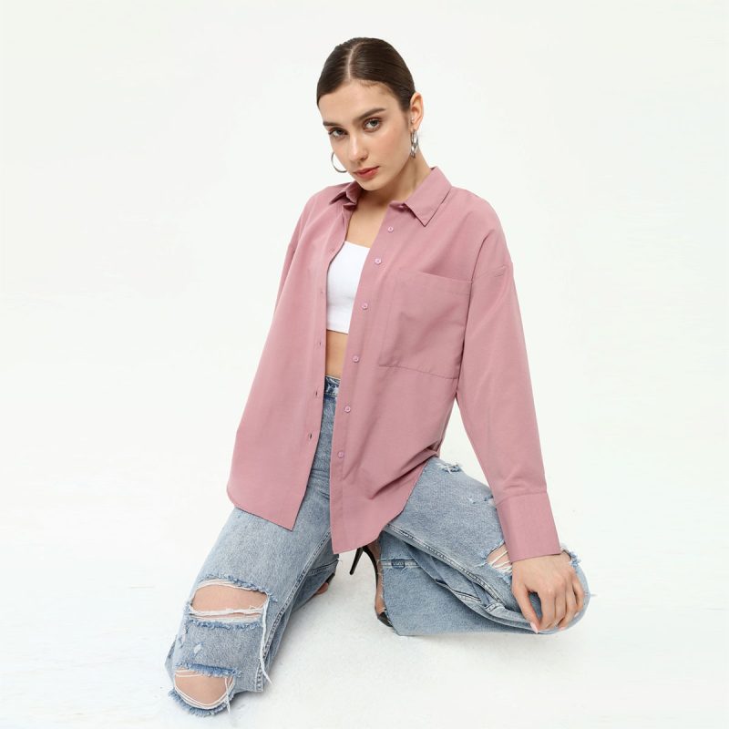 1002-Button Back Detail Long Sleeve Poplin Shirt - Görsel 6