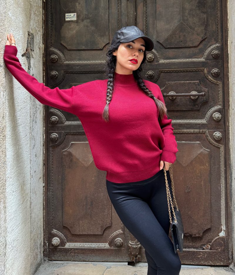 burgundy solid knit sweater with mock neck long sleeve