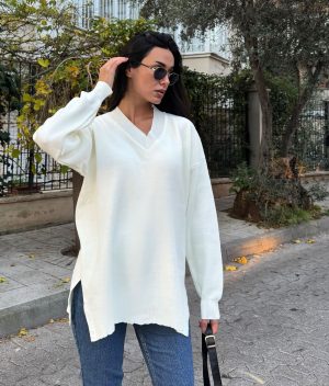 plain v neck knit tunic front view