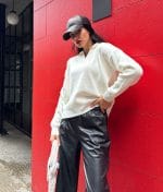 plain knit v neck sweater with collar front view