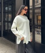 long sleeve off-white knit tunic with crew neckline