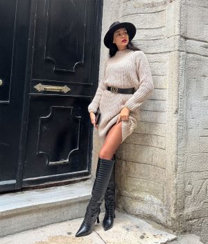 plain knit crew neck dress with belt long sleeve front view