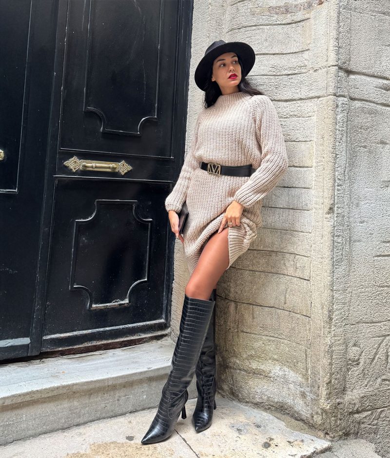 plain knit crew neck dress with belt long sleeve front view