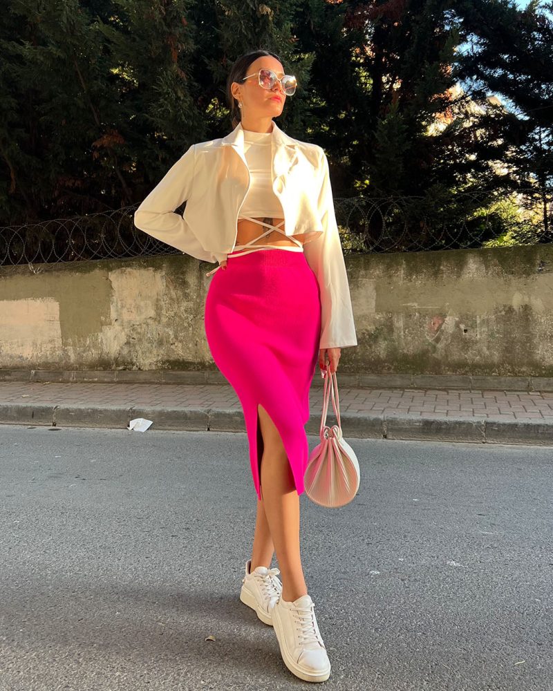 6048-Slit Detail Knit Skirt - Görsel 2