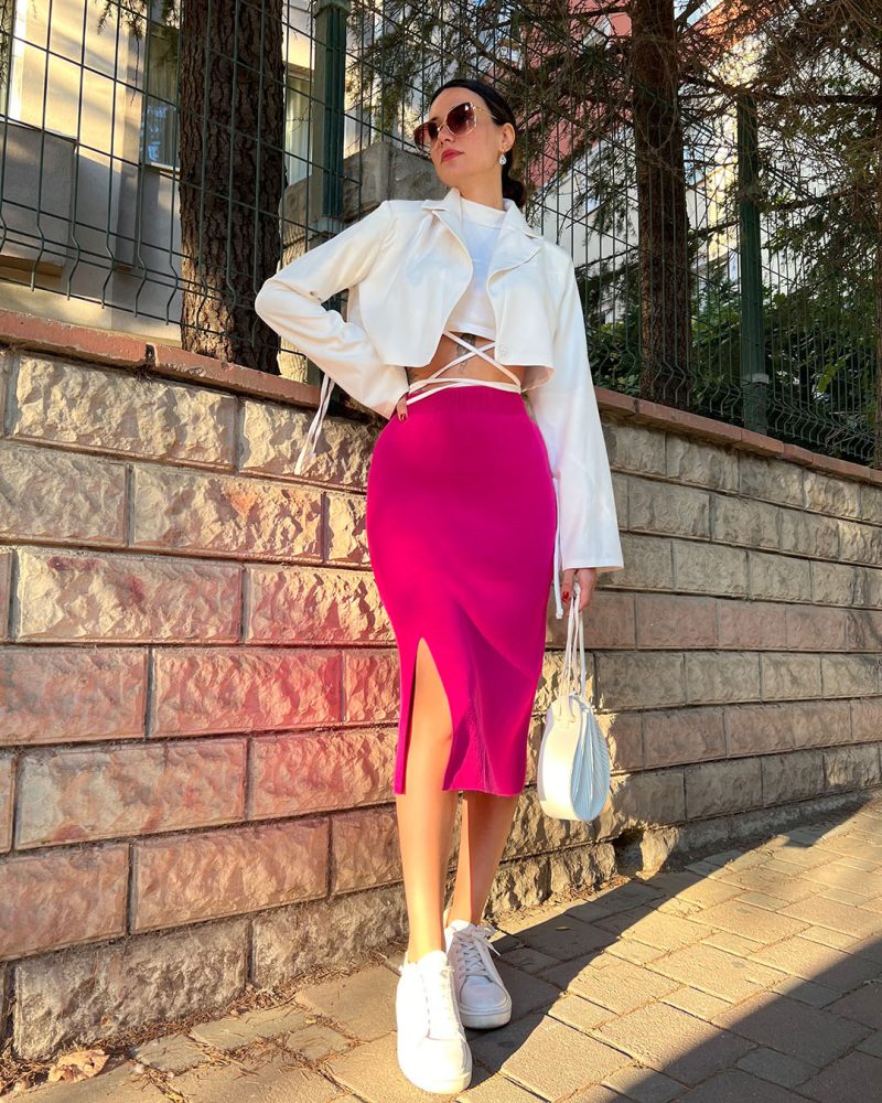 6048-Slit Detail Knit Skirt - Görsel 4