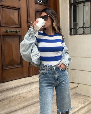 3137-Button Up Shoulder Striped Knit Sweater
