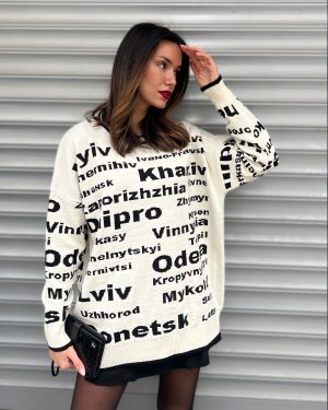 5816-Jacquard Letters Crew Neck Loose Knit Tunic