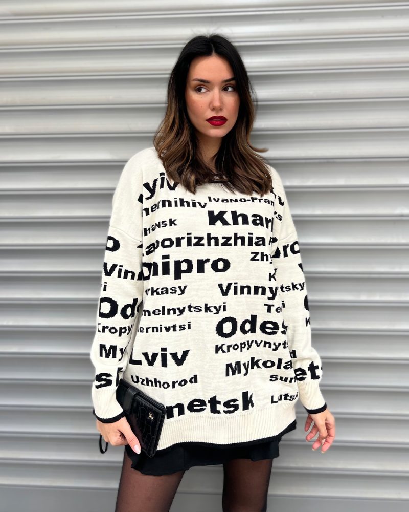 5816-Jacquard Letters Crew Neck Loose Knit Tunic - Görsel 2