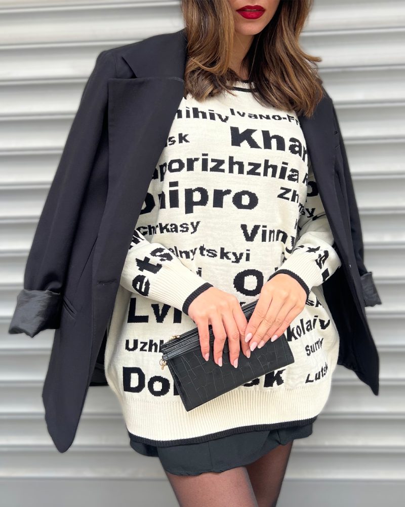 5816-Jacquard Letters Crew Neck Loose Knit Tunic - Görsel 3