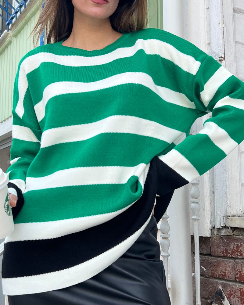 3143-Long Sleeve Striped Knit Sweater - Görsel 3