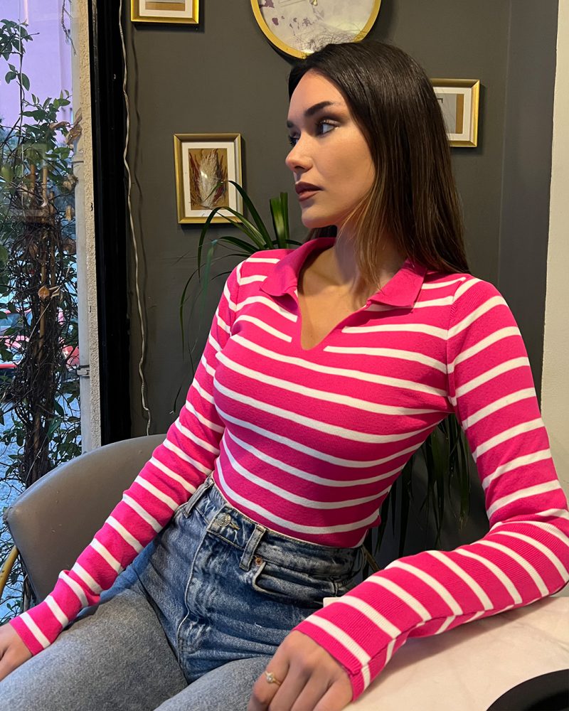 3148-Striped Polo Neck Long Sleeve Knit Sweater - Görsel 3
