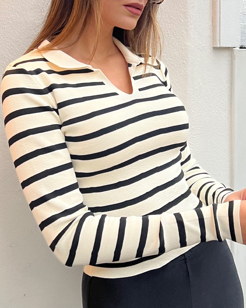 3148-Striped Polo Neck Long Sleeve Knit Sweater - Görsel 4