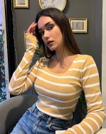 3149-Striped Square Neck Long Sleeve Knit Sweater