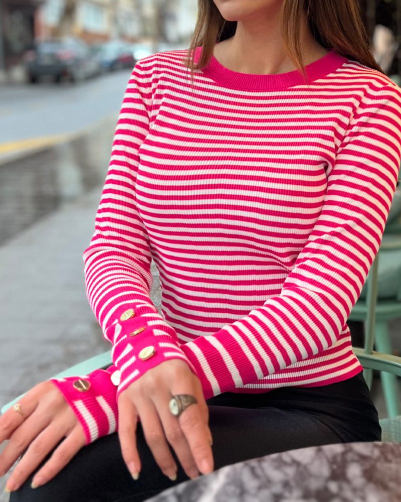 3150-Striped Knit Sweater With Button Details - Görsel 4
