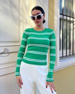 3153-Striped Crewneck Long Sleeve Knit Sweater