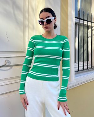 3153-Striped Crewneck Long Sleeve Knit Sweater