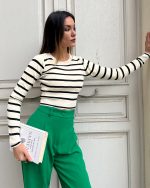 3154-Striped Crewneck Long Sleeve Knit Cropped