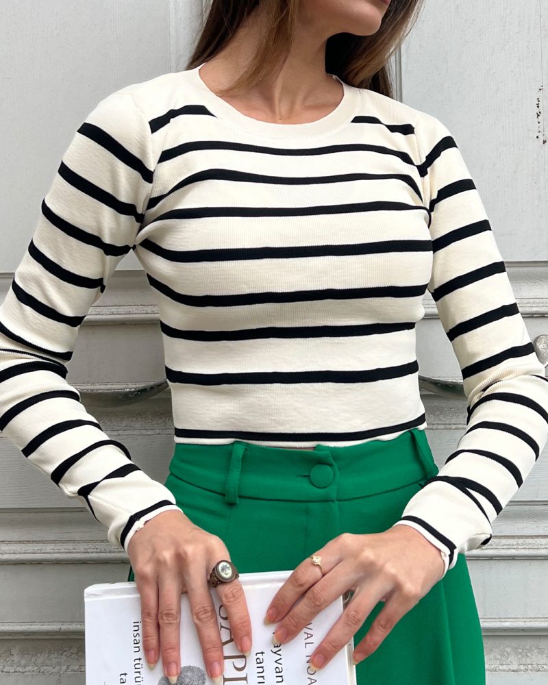3154-Striped Crewneck Long Sleeve Knit Cropped - Görsel 5