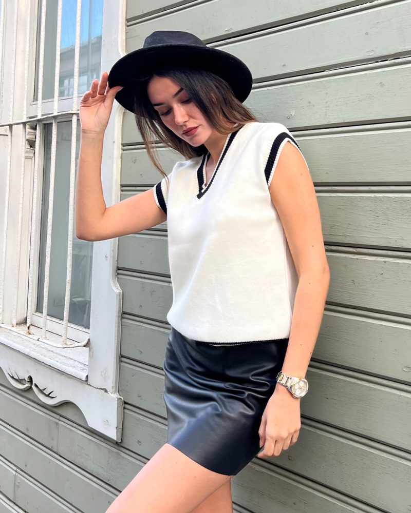 5817-V Neck Stripe splicing Uniform Knit Sleeveless Vest Sweater - Görsel 2