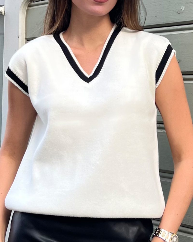 5817-V Neck Stripe splicing Uniform Knit Sleeveless Vest Sweater - Görsel 4