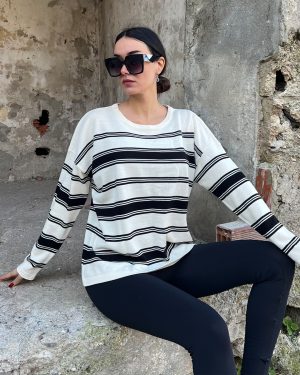 5823-Striped Oversize Crewneck Knit Sweater