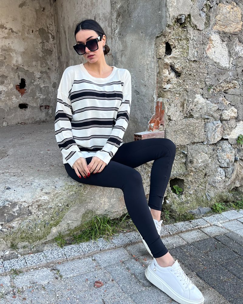 5823-Striped Oversize Crewneck Knit Sweater - Görsel 3