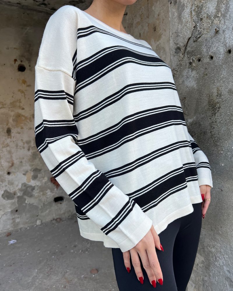 5823-Striped Oversize Crewneck Knit Sweater - Görsel 4