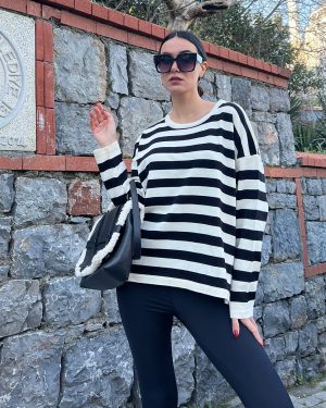 5824-Striped Oversize Crewneck Knit Sweater