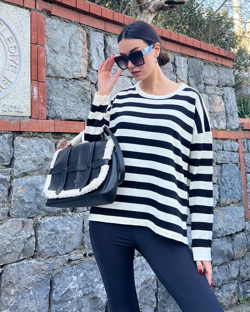 5824-Striped Oversize Crewneck Knit Sweater - Görsel 2