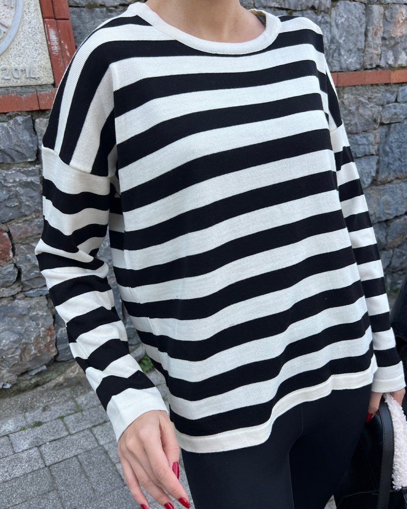5824-Striped Oversize Crewneck Knit Sweater - Görsel 4