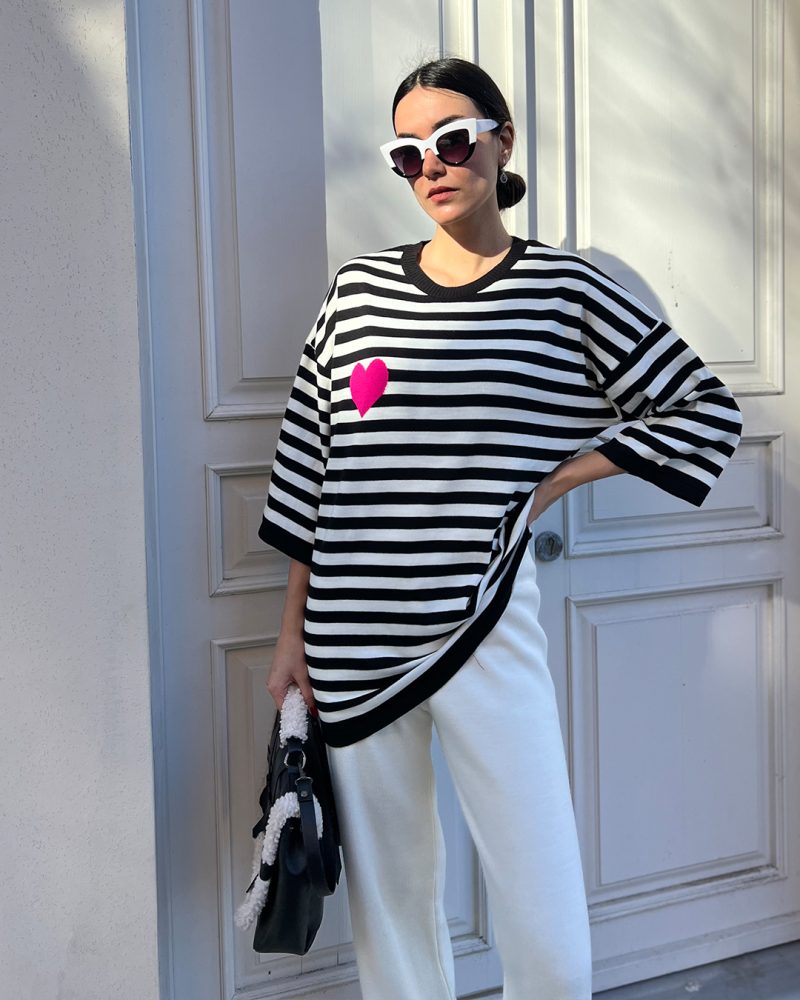 6051-Striped Half Sleeve Heart detail Knit Sweater - Görsel 2