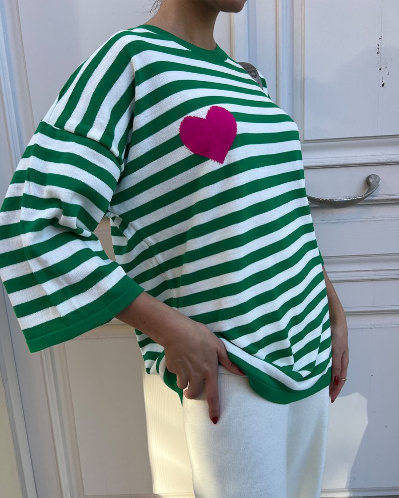 6051-Striped Half Sleeve Heart detail Knit Sweater - Görsel 4