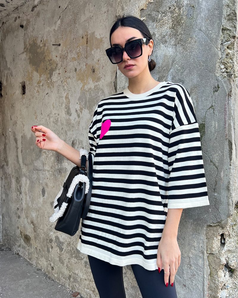 6051-Striped Half Sleeve Heart detail Knit Sweater - Görsel 3