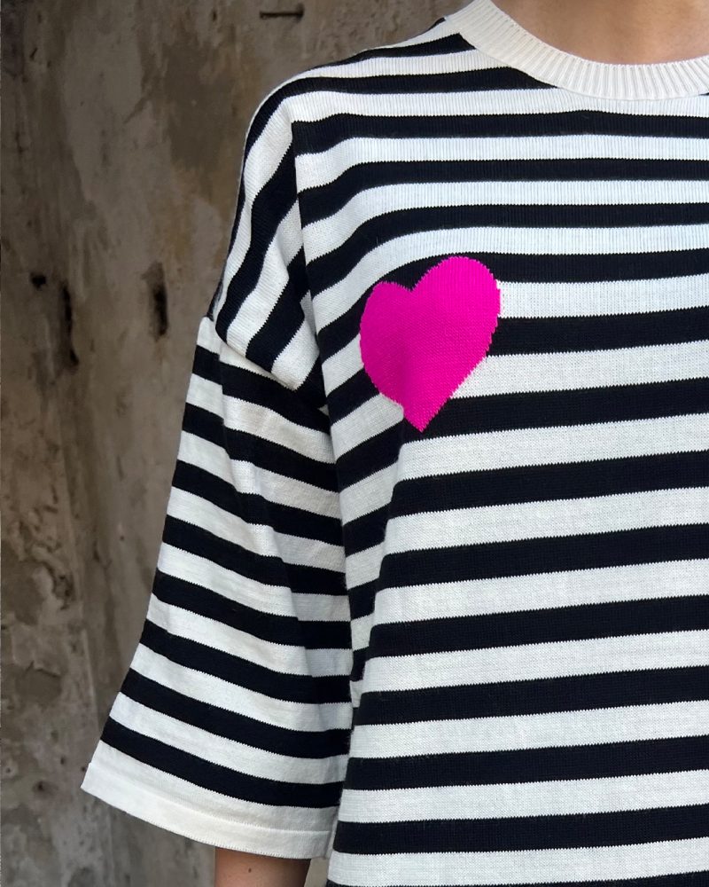 6051-Striped Half Sleeve Heart detail Knit Sweater - Görsel 6