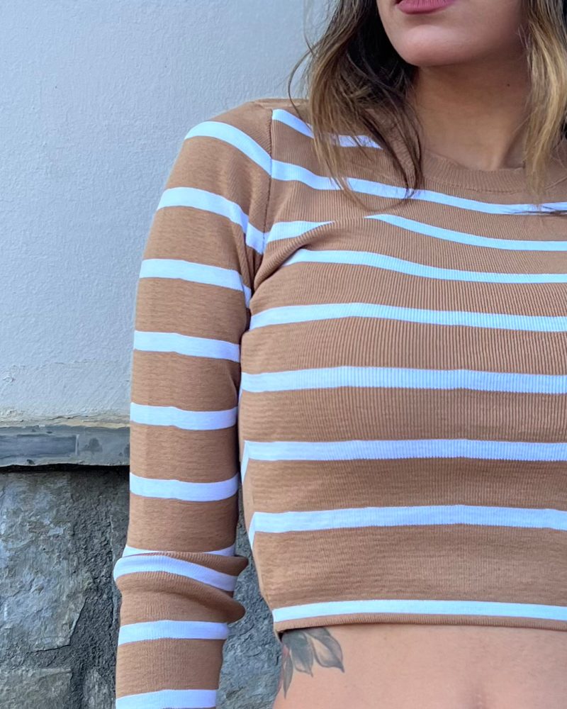 3154-Striped Crewneck Long Sleeve Knit Cropped - Görsel 4