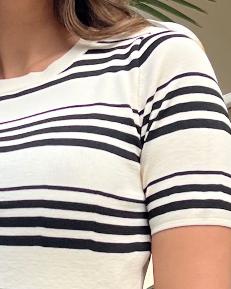 3155-Crewneck Striped Short Sleeve Knit Sweater - Görsel 3