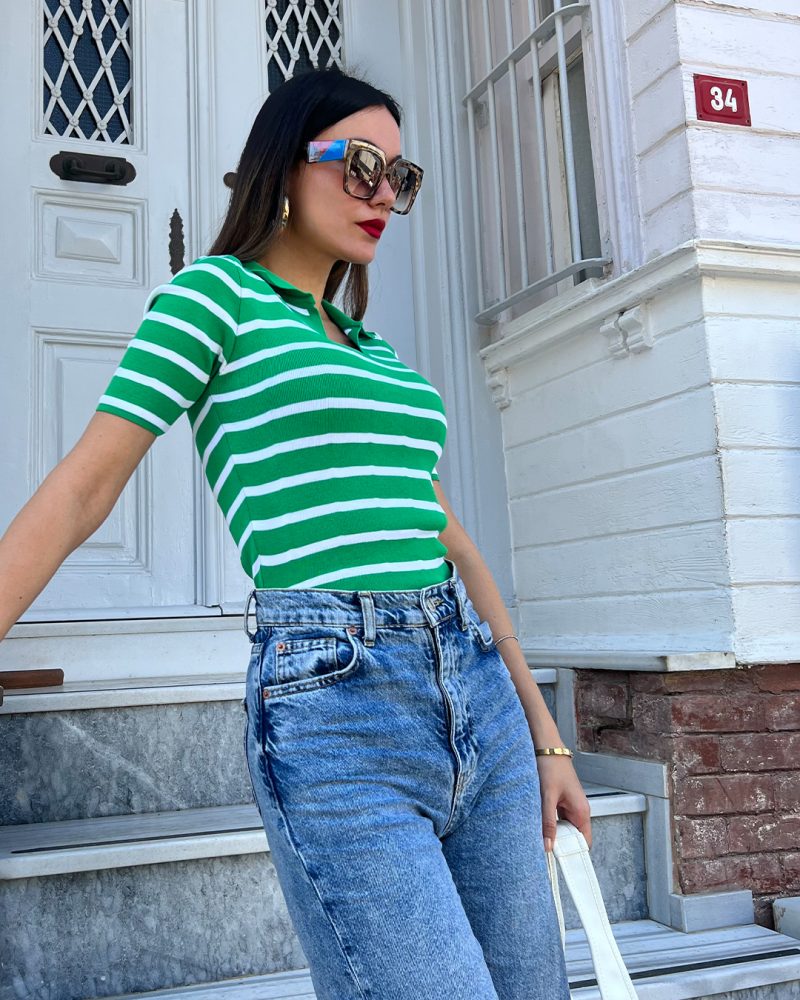 3157-Striped Short Sleeve Polo Neck Knit Top - Image 3