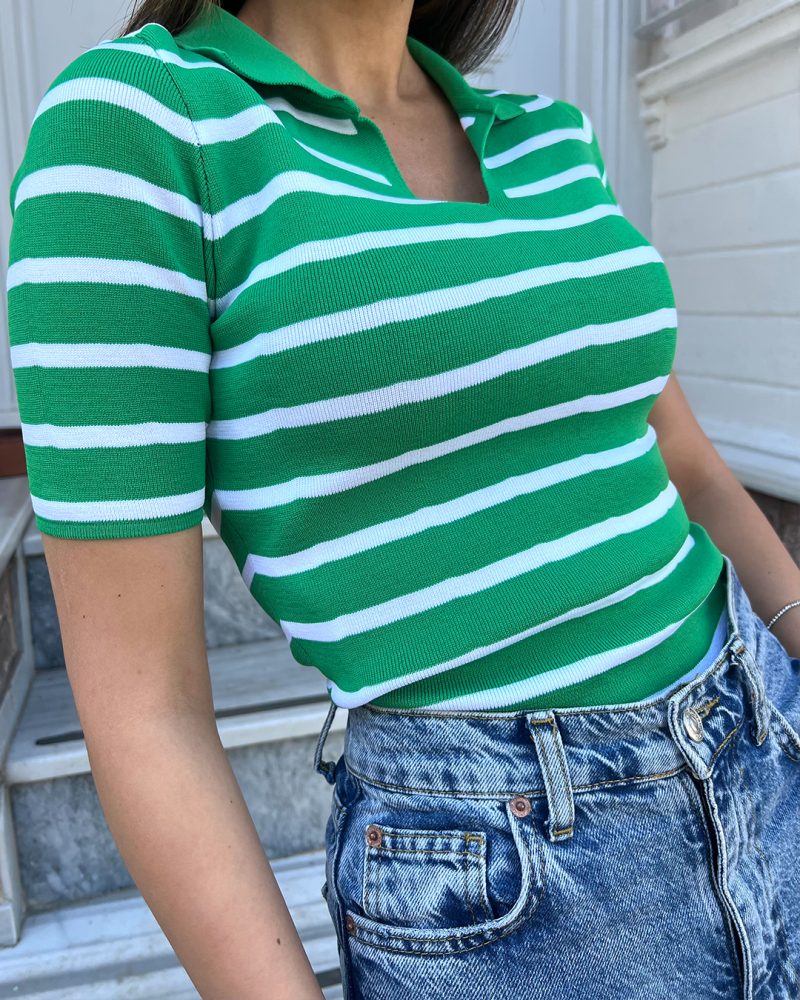 3157-Striped Short Sleeve Polo Neck Knit Top - Image 4