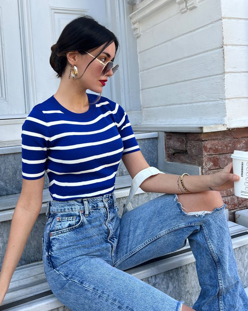 3162-Striped Short Sleeve Crewneck Knit Top - Görsel 2