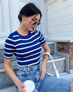 3162-Striped Short Sleeve Crewneck Knit Top
