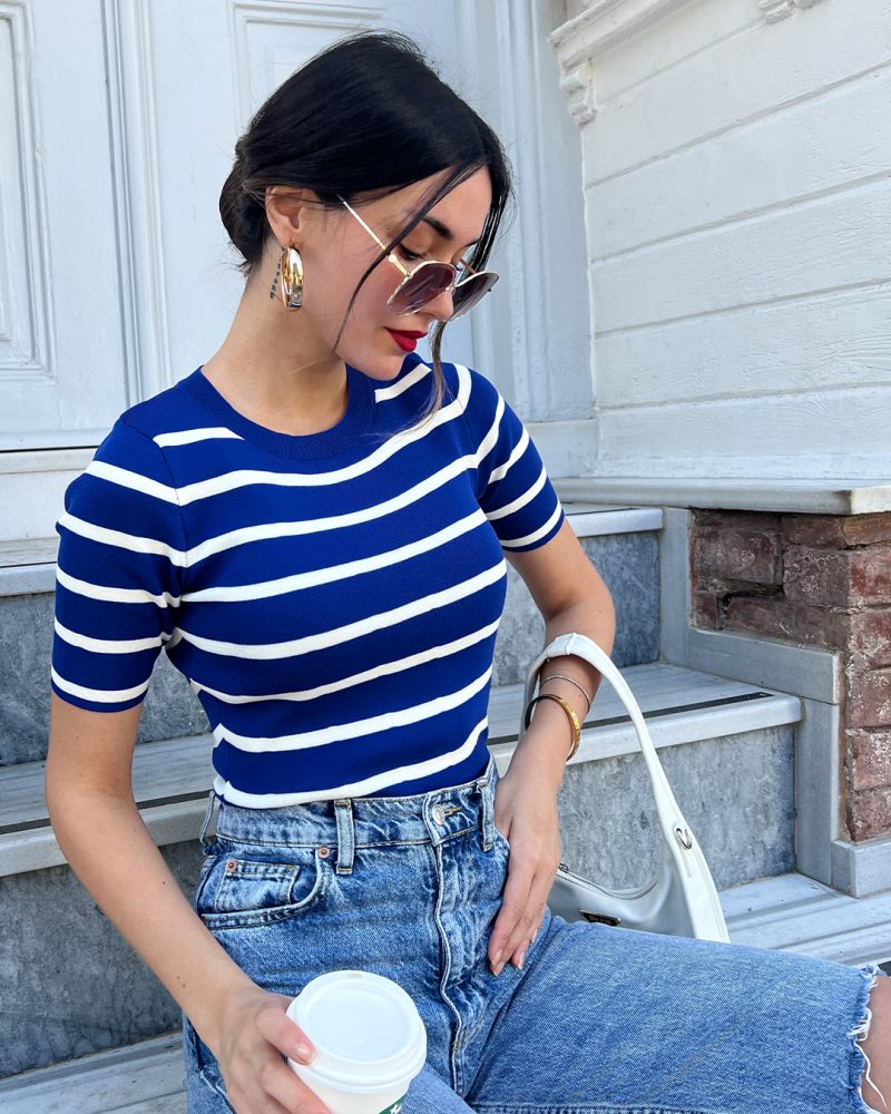 3162-Striped Short Sleeve Crewneck Knit Top