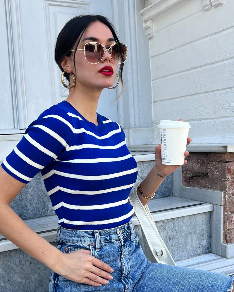 3162-Striped Short Sleeve Crewneck Knit Top - Görsel 3