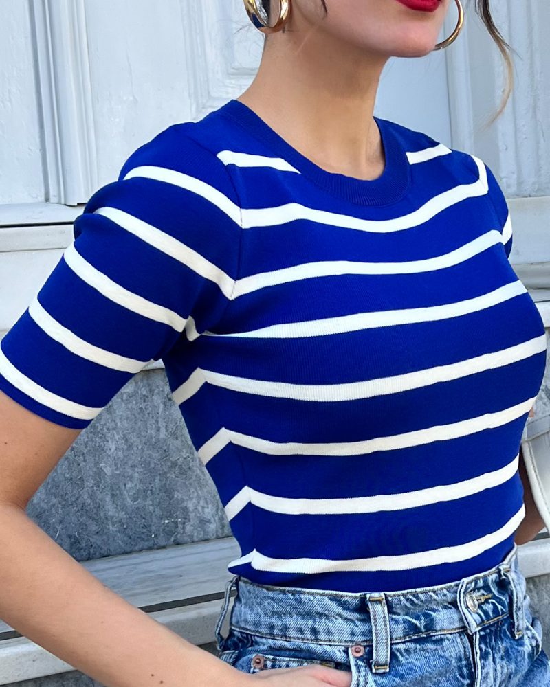 3162-Striped Short Sleeve Crewneck Knit Top - Görsel 4