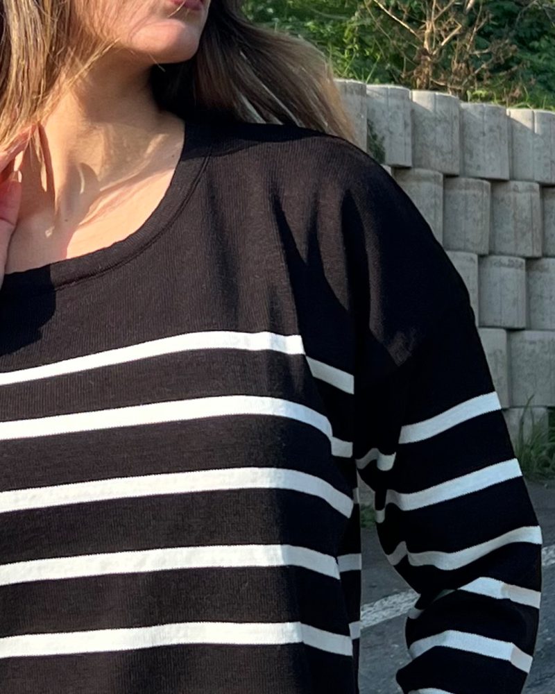 5821-Striped Long Sleeve Oversize Crewneck Knit Sweater - Görsel 4