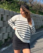 5821-Striped Long Sleeve Oversize Crewneck Knit Sweater