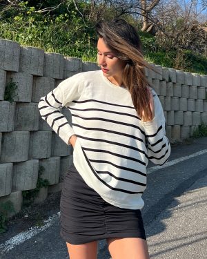 5821-Striped Long Sleeve Oversize Crewneck Knit Sweater
