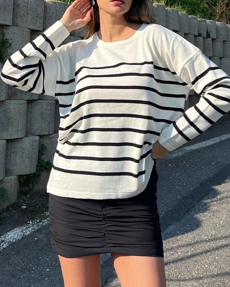 5821-Striped Long Sleeve Oversize Crewneck Knit Sweater - Görsel 3
