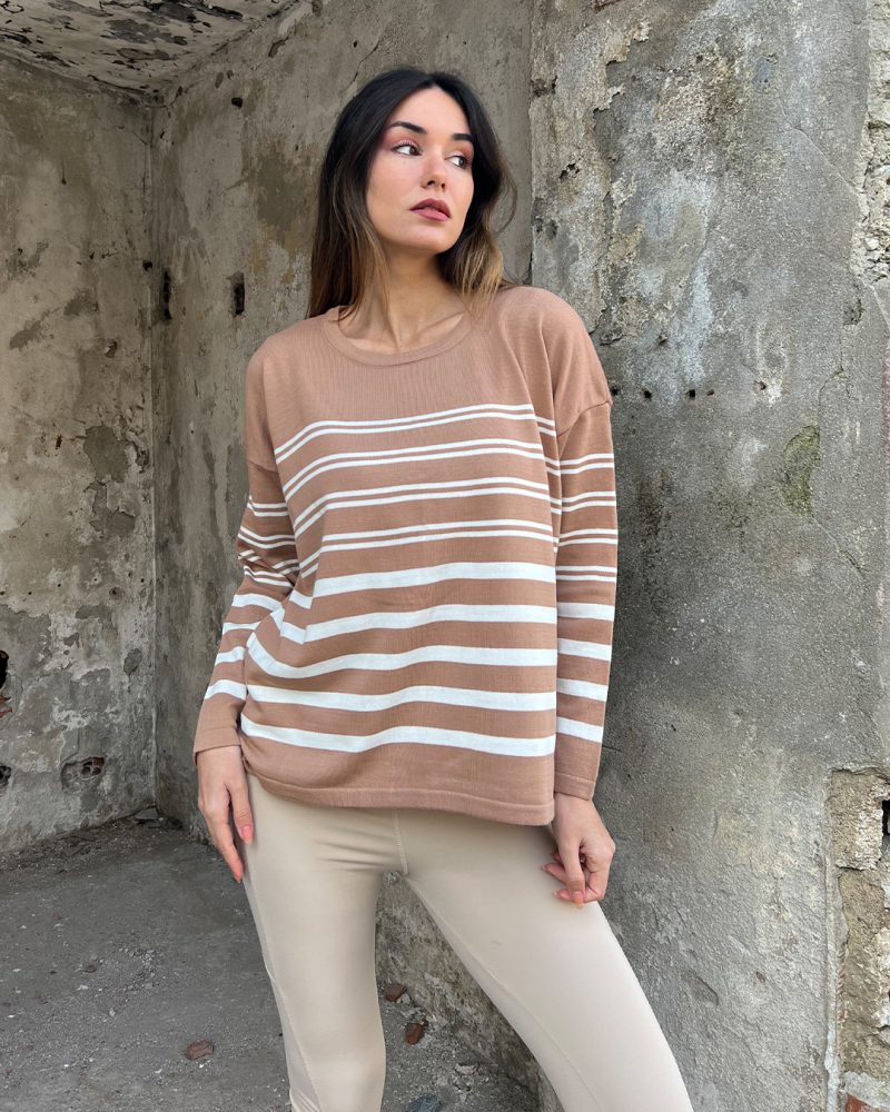 5822-Striped Long Sleeve Oversize Crewneck Knit Sweater - Görsel 3